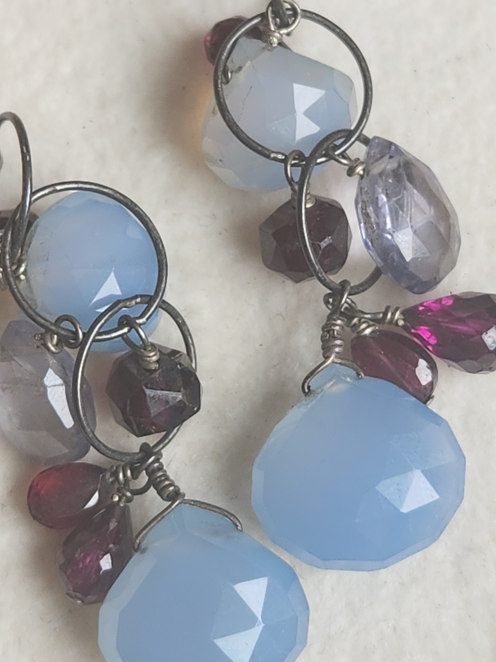 Sterling Silver 925 Multi Gemstone Cascade Dangle Earrings Blue Chalcedony Garne